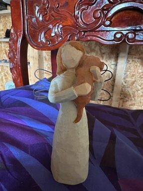 Handcrafted Cream Angel Figurine Holding Brown dog- Home Art